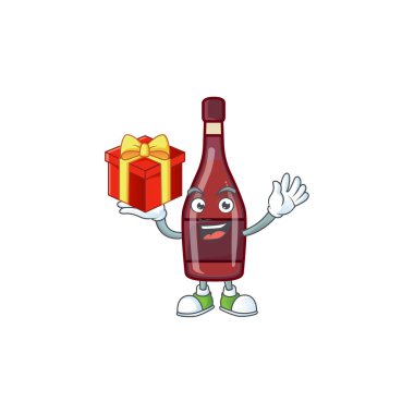 Happy face red bottle wine cartoon character having a box of gift