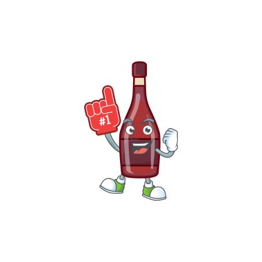 Red bottle wine mascot cartoon style holding a Foam finger