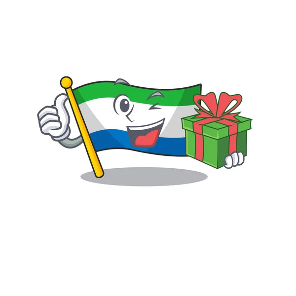 Maskottchen-cartoon von happy flag sierra leone mit geschenkbox — Stockvektor