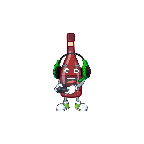 Cool vinho garrafa vermelha mascote dos desenhos animados com fone de ouvido e controlador — Vetor de Stock