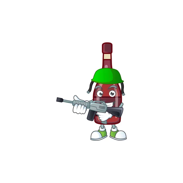 Red bottle wine carton character in an Army uniform with machine gun — Stock vektor