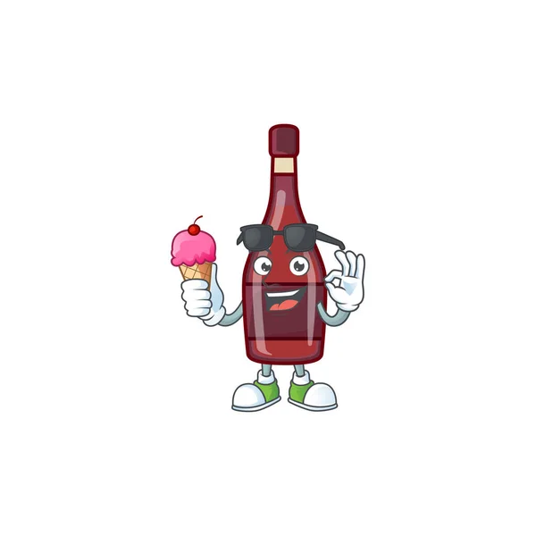 Mascotte de vin bouteille rouge dessin animé avec crème glacée — Image vectorielle