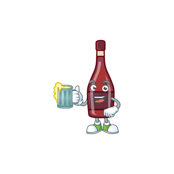 Ευτυχισμένο κόκκινο μπουκάλι κρασί μασκότ σχεδιασμό με ένα μεγάλο ποτήρι — Διανυσματικό Αρχείο