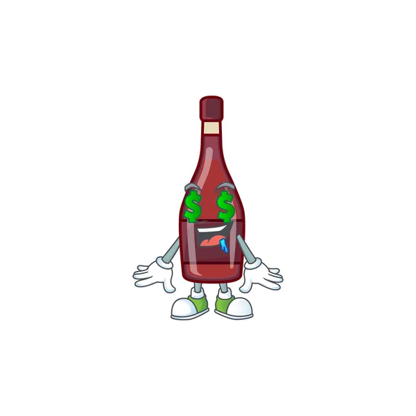 Felice ricco vino rosso bottiglia con Money eye stile personaggio dei cartoni animati — Vettoriale Stock