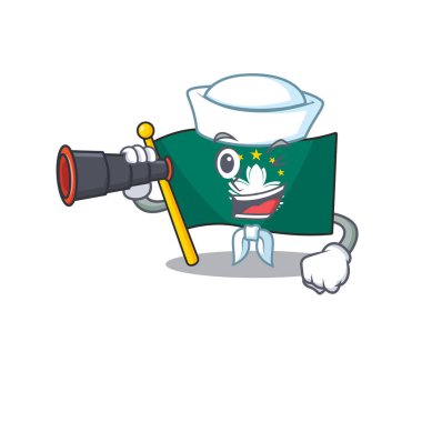 Smiling happy Sailor with binocular flag macau cartoon design