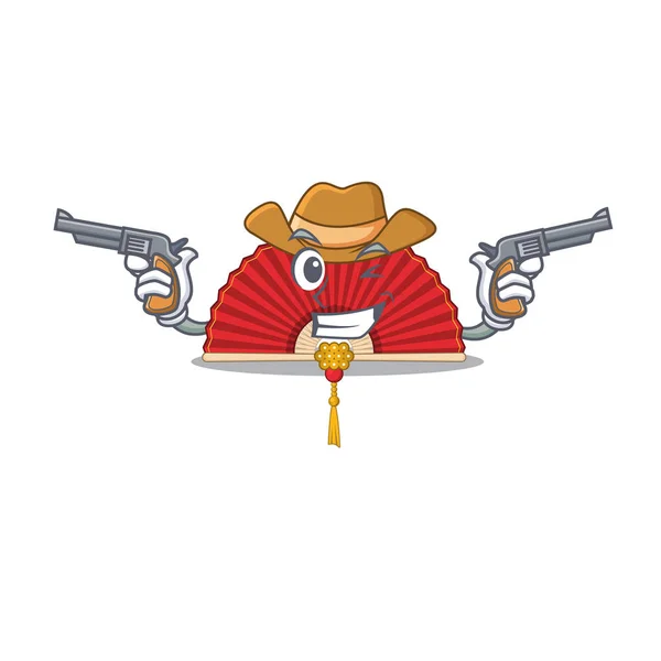Cinese pieghevole fan personaggio dei cartoni animati come un cowboy in possesso di pistole — Vettoriale Stock