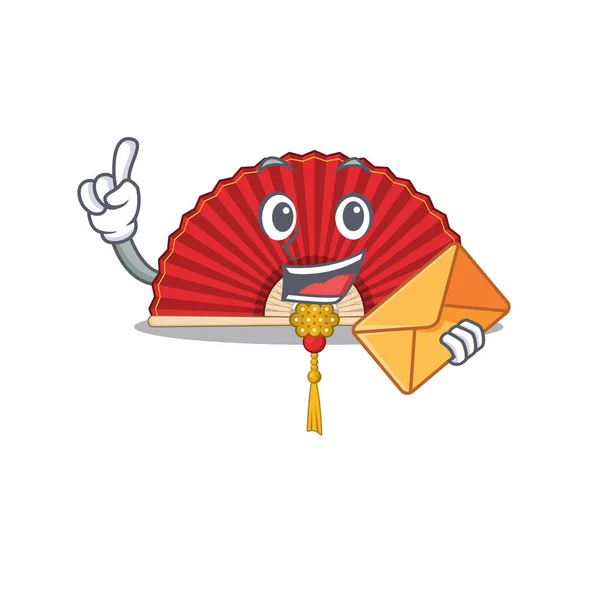 Med kuvert Glad ansikte kinesisk vikbar fläkt maskot tecknad stil — Stock vektor