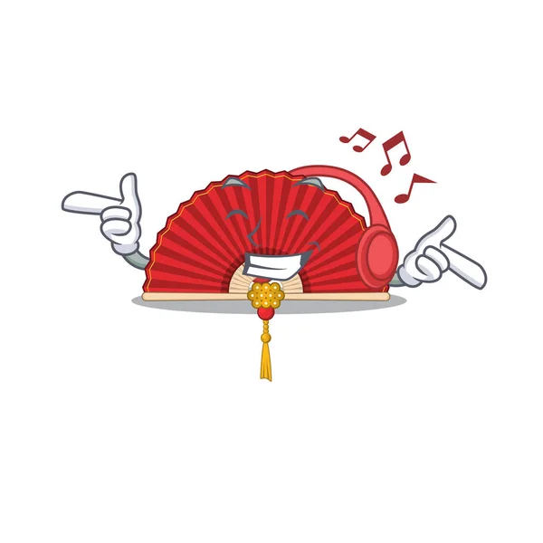 Écouter de la musique chinoise pliante fan mascotte dessin animé personnage design — Image vectorielle