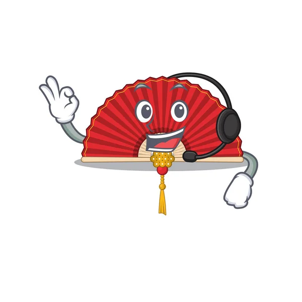 Chinese folding fan cute cartoon character design with headphone — Stock vektor