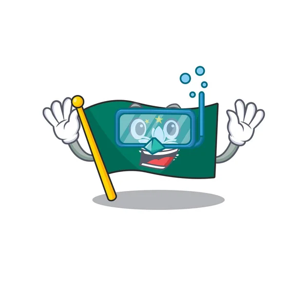 Bandera sonriente estilo personaje de dibujos animados macao usando gafas de buceo — Vector de stock