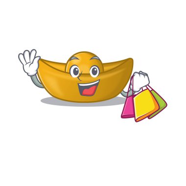 Neşeli Çinli çizgi film karakteri el sallıyor ve alışveriş çantası tutuyor.