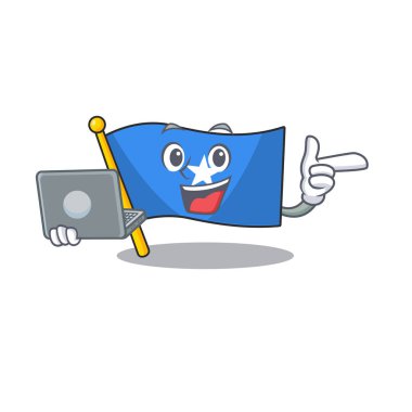 Mutlu gülümseyen bayrak Somali çizgi film karakteri dizüstü bilgisayarla çalışıyor