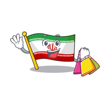 Neşeli bayrak İran çizgi film karakteri el sallıyor ve alışveriş çantası tutuyor.