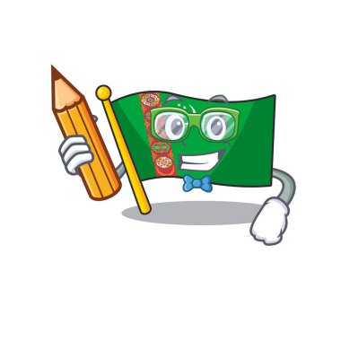 Havalı akıllı öğrenci bayrağı Türkmenistan karakteri kalem tutuyor