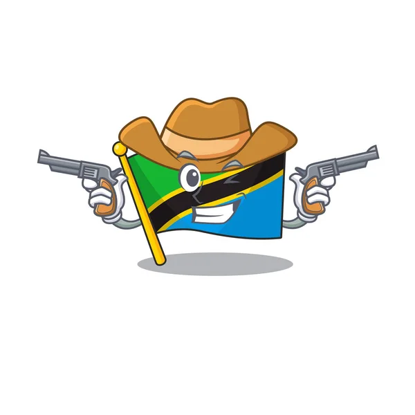 Bandera personaje de dibujos animados tanzania como un vaquero sosteniendo armas — Archivo Imágenes Vectoriales