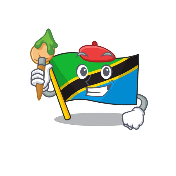 Bandiera allegra tanzania Artista personaggio dei cartoni animati con pennello — Vettoriale Stock