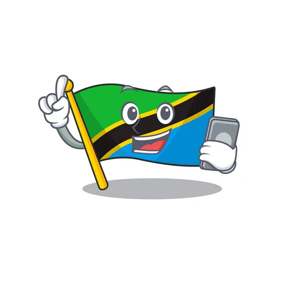 Mascotte de style dessin animé de drapeau tanzanie parlant avec téléphone — Image vectorielle