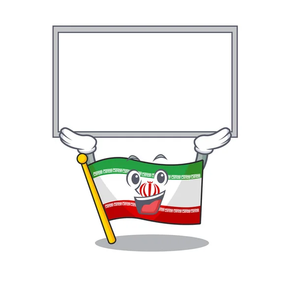 Lindo personaje de dibujos animados bandera iran levantó tablero — Vector de stock