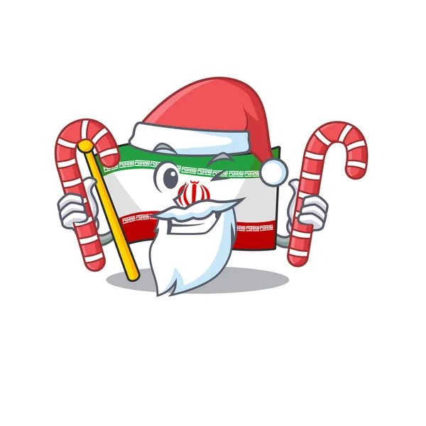 Drapeau iran personnage de bande dessinée dans Santa avec des bonbons — Image vectorielle