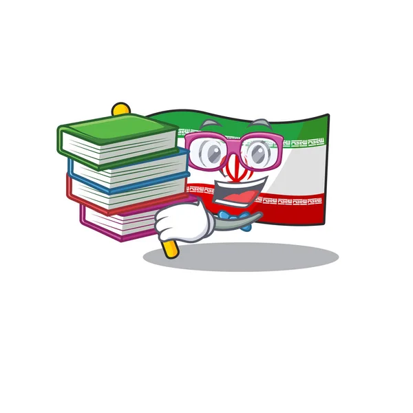 Studente con libro bandiera iran mascotte stile personaggio cartone animato — Vettoriale Stock