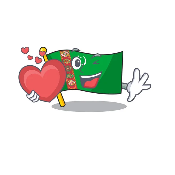 Con bandera del corazón turkmenistan personaje de dibujos animados estilo mascota — Archivo Imágenes Vectoriales