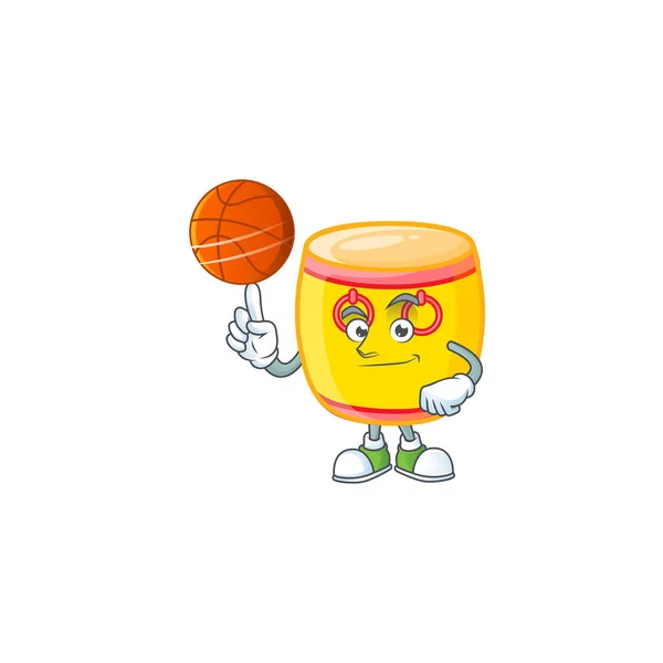 Здоровый китайский персонаж с золотым барабаном играет в баскетбол — стоковый вектор