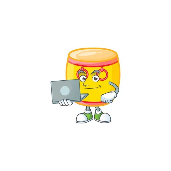 A clever chinese gold drum mascot character working with laptop — Stock Vector