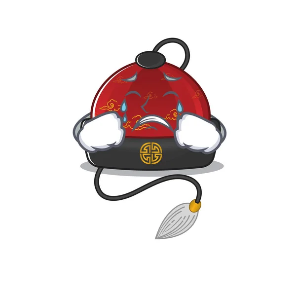 Λυπηρό κλάμα παραδοσιακό κινέζικο καπέλο μασκότ στυλ κινουμένων σχεδίων — Διανυσματικό Αρχείο