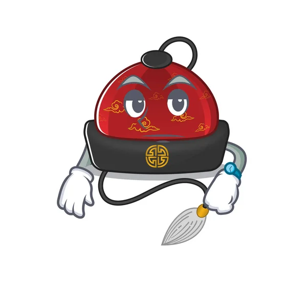Esperando sombrero chino tradicional en el diseño de la mascota del personaje de dibujos animados — Vector de stock