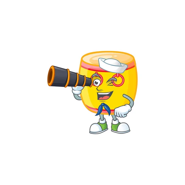 Dibujos animados tambor de oro chino feliz estilo marinero con binocular — Vector de stock