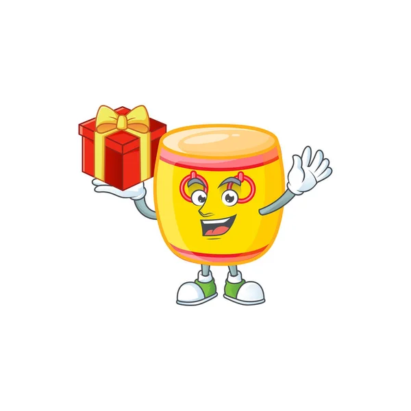 Happy face chinese gold drum cartoon character having a box of gift — Stock Vector