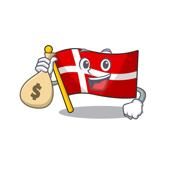 Cute flag denmark postać z kreskówek smiley z workiem pieniędzy — Wektor stockowy