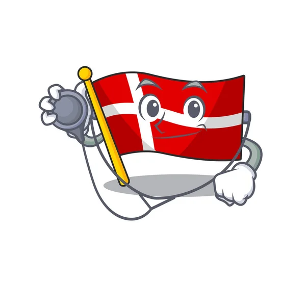 Bandera denmark estilo mascota de dibujos animados en un traje de Doctor con herramientas — Archivo Imágenes Vectoriales