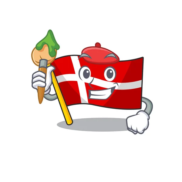 Wesoła flaga denmark Artysta postać z kreskówki pędzlem — Wektor stockowy