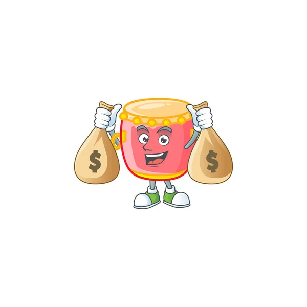 A picture of rich chinese red drum cartoon character with two money bags — Stock Vector