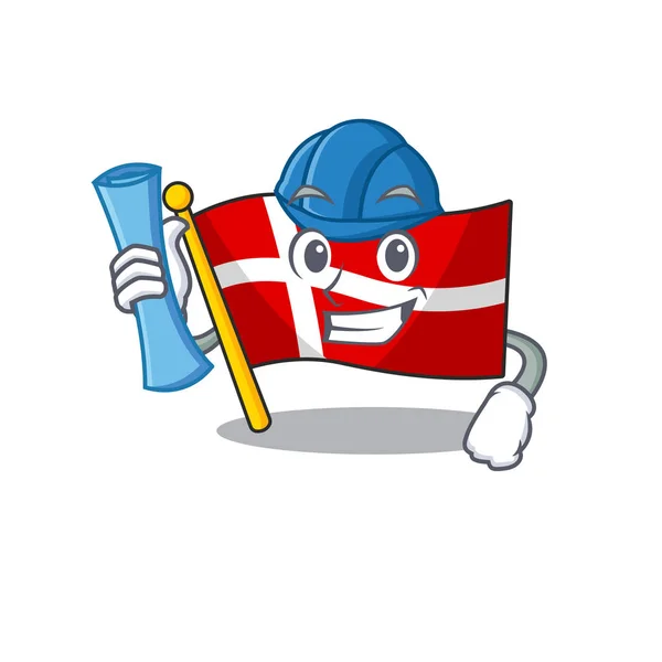 Cheerful Architect flag denmark cartoon style holding blue prints — 스톡 벡터
