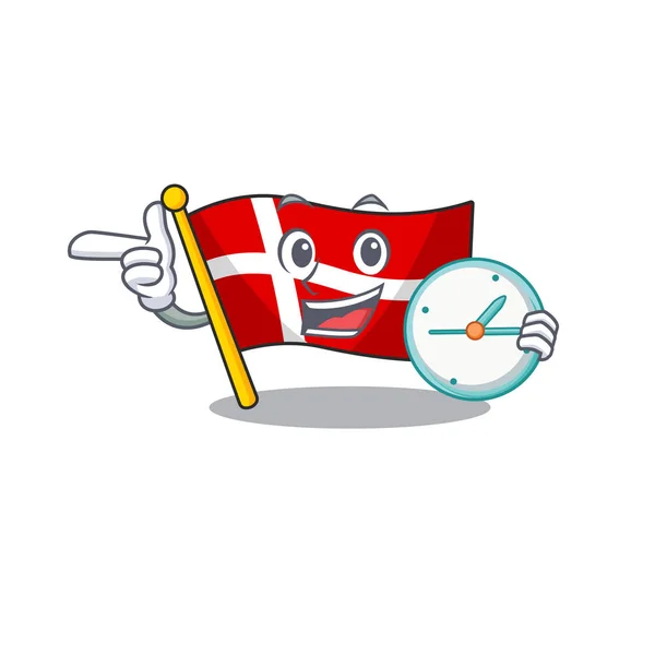 Met klok lachende vlag denmark cartoon karakter stijl — Stockvector