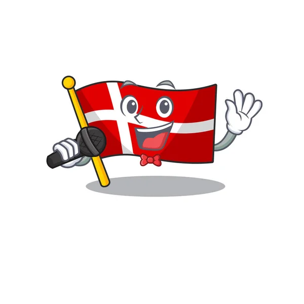 Bir mikrofon tutarken Danimarka bayrağı şakıyan çizgi film — Stok Vektör