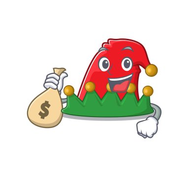 Şirin elf şapkalı çizgi film karakteri para çantasıyla gülümsüyor.