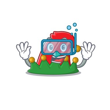 Gülümseyen elf şapkası çizgi film karakteri tarzı dalış gözlüğü takıyor.