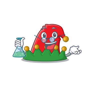 Akıllı Profesör Elf şapkalı çizgi film karakteri elinde cam tüp tutuyor.