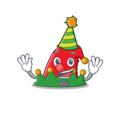 Çizgi film karakteri maskot tasarımına yerleştirilmiş şirin palyaço elf şapkası.