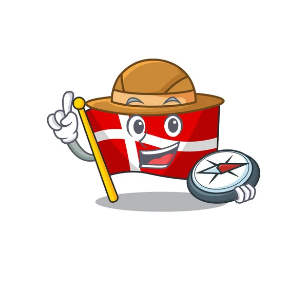Explorer flag denmark cartoon character holding a compass — 스톡 벡터