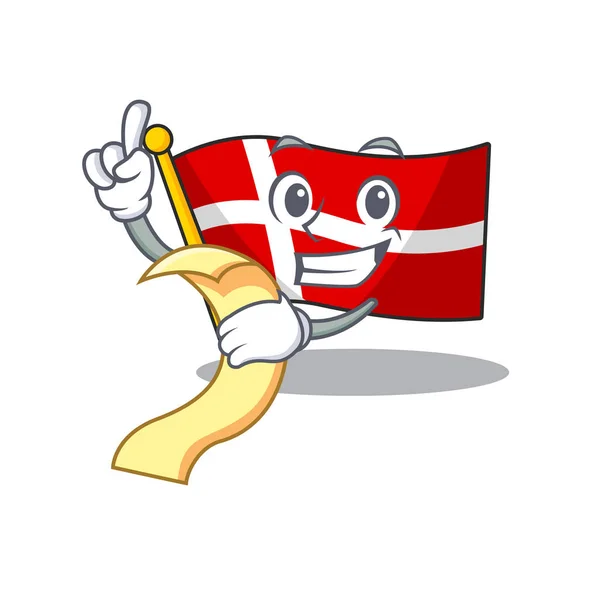 Cute flag denmark cartoon character with menu ready to serve — 스톡 벡터
