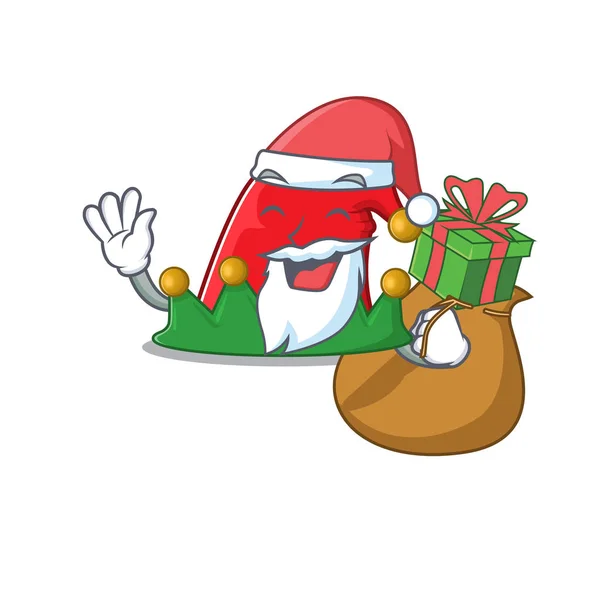Weihnachtsmann mit Geschenk Elfenhut Zeichentrickfigur Design — Stockvektor