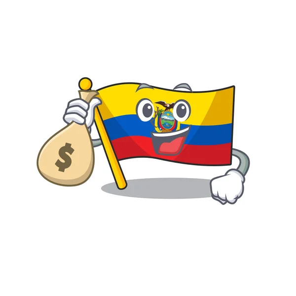 Lindo personaje de dibujos animados bandera ecuador sonriente con bolsa de dinero — Archivo Imágenes Vectoriales