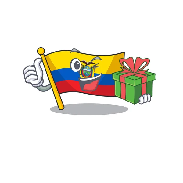 Mascota de dibujos animados de bandera feliz ecuador con caja de regalo — Archivo Imágenes Vectoriales