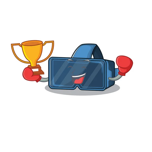 Fantástico ganador de boxeo de la realidad virtual vr en el estilo de dibujos animados mascota — Vector de stock