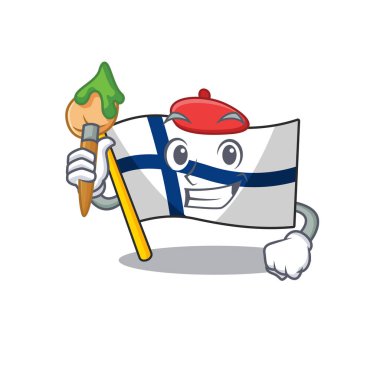 Neşeli Finlandiya bayrağı fırçalı sanatçı çizgi film karakteri