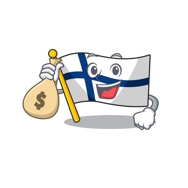 Niedliche Flagge Finnland Cartoon-Figur Smiley mit Geldbeutel — Stockvektor